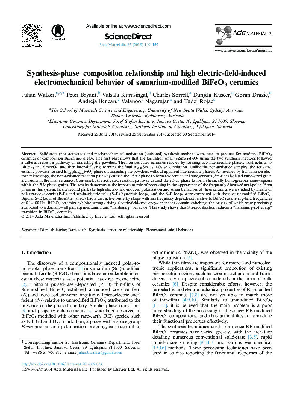 Synthesis-phase-composition relationship and high electric-field-induced electromechanical behavior of samarium-modified BiFeO3 ceramics