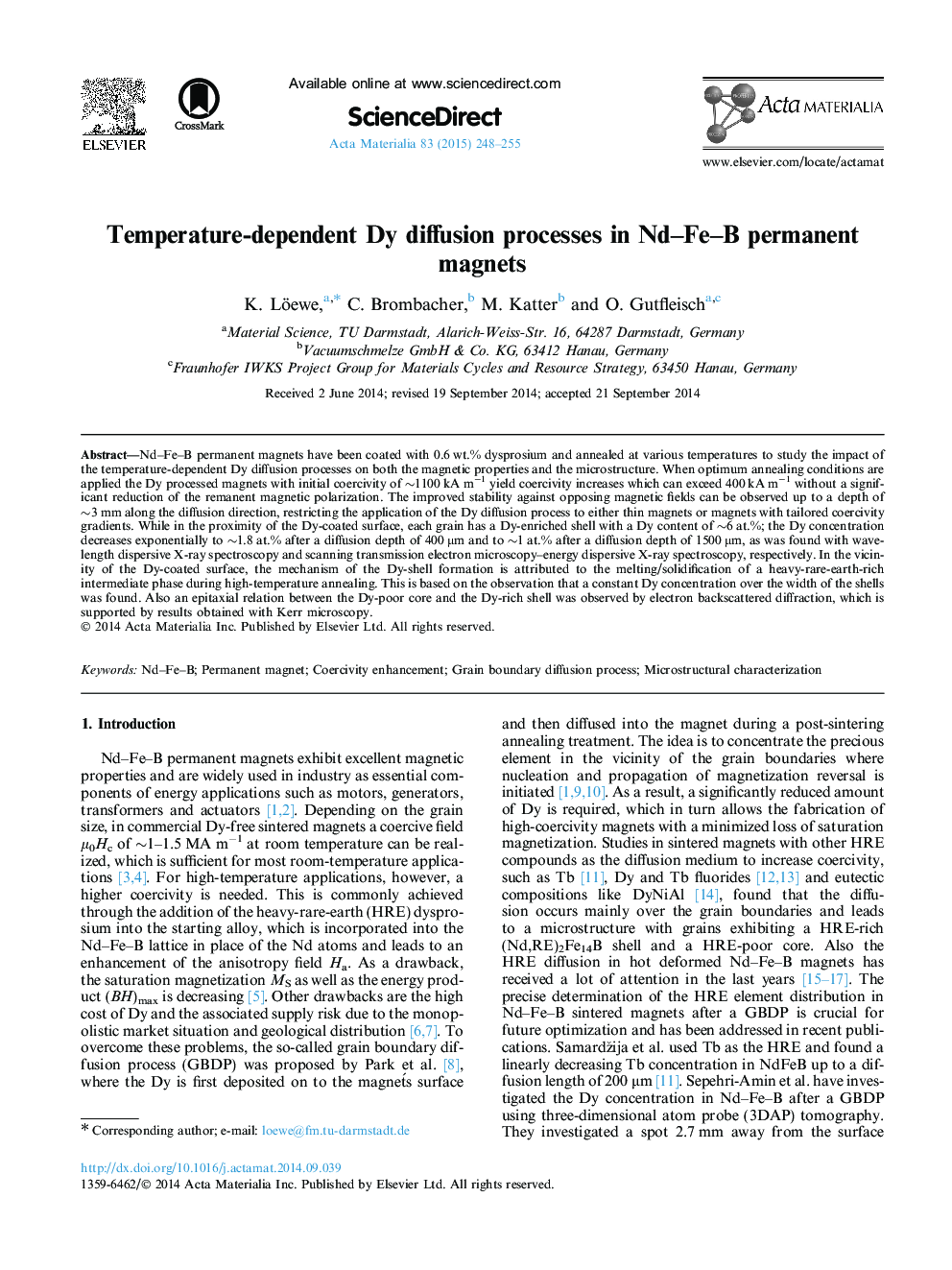 Temperature-dependent Dy diffusion processes in Nd-Fe-B permanent magnets