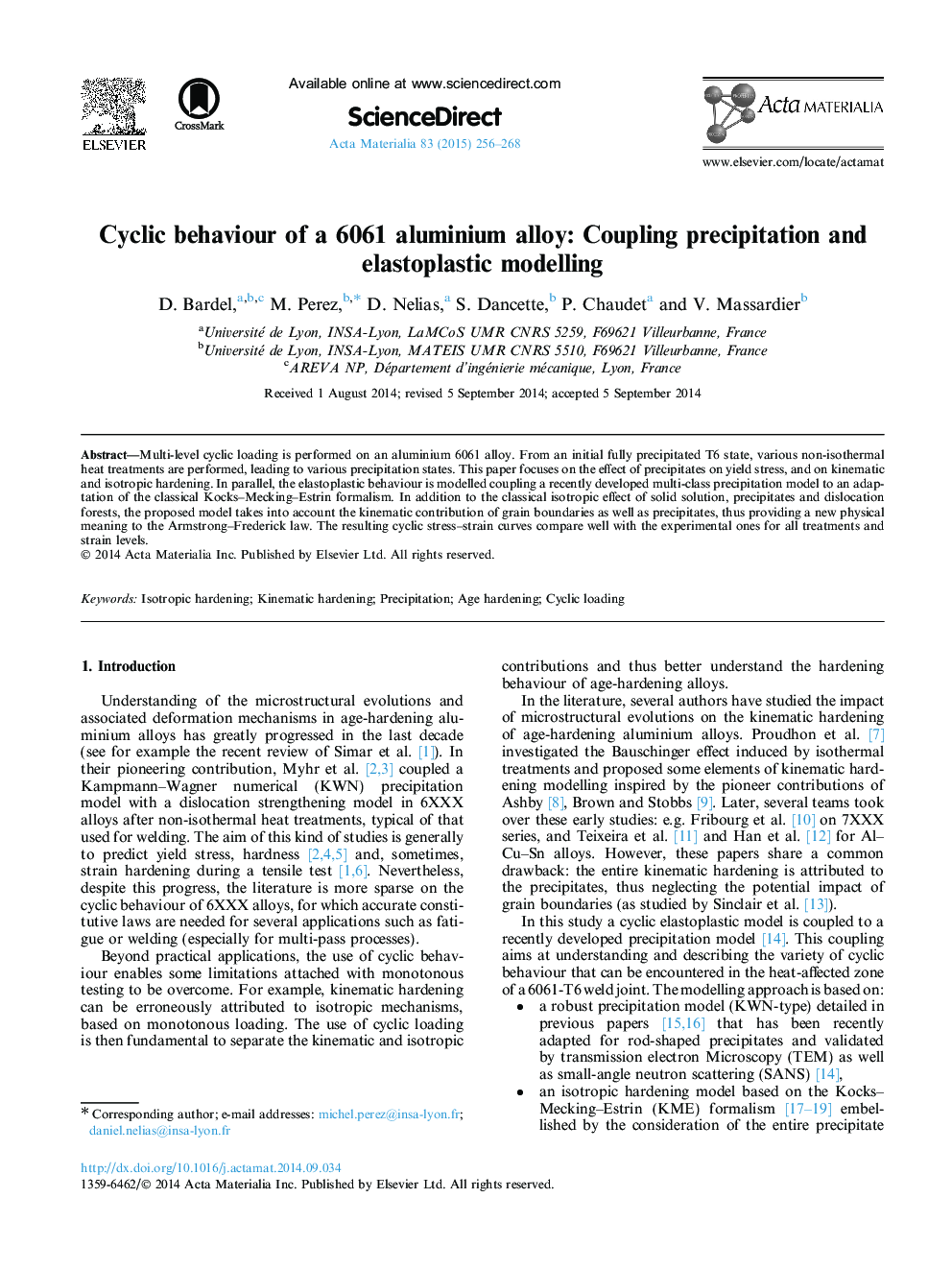 Cyclic behaviour of a 6061 aluminium alloy: Coupling precipitation and elastoplastic modelling