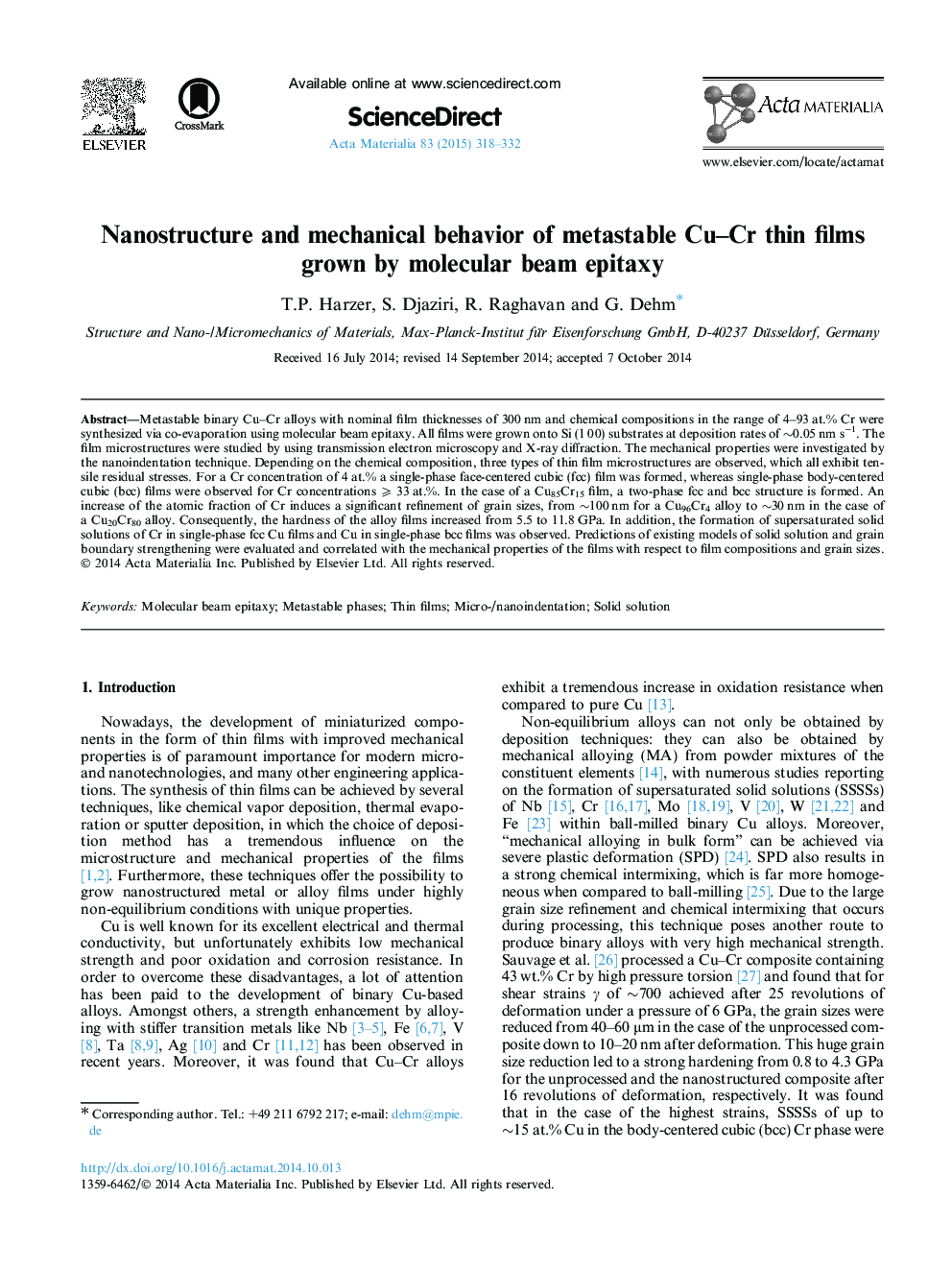 Nanostructure and mechanical behavior of metastable Cu-Cr thin films grown by molecular beam epitaxy