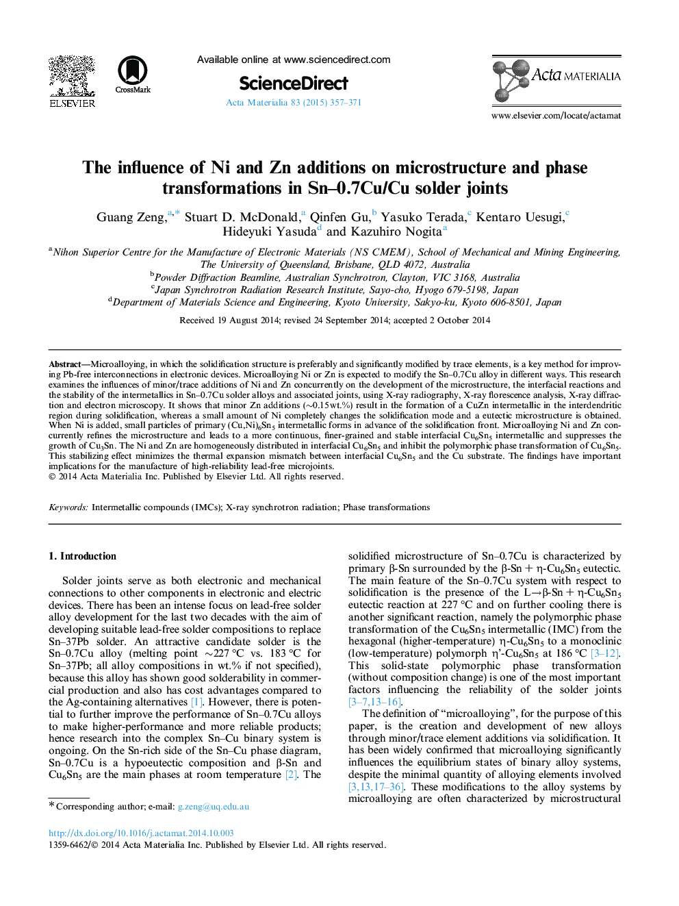 The influence of Ni and Zn additions on microstructure and phase transformations in Sn-0.7Cu/Cu solder joints