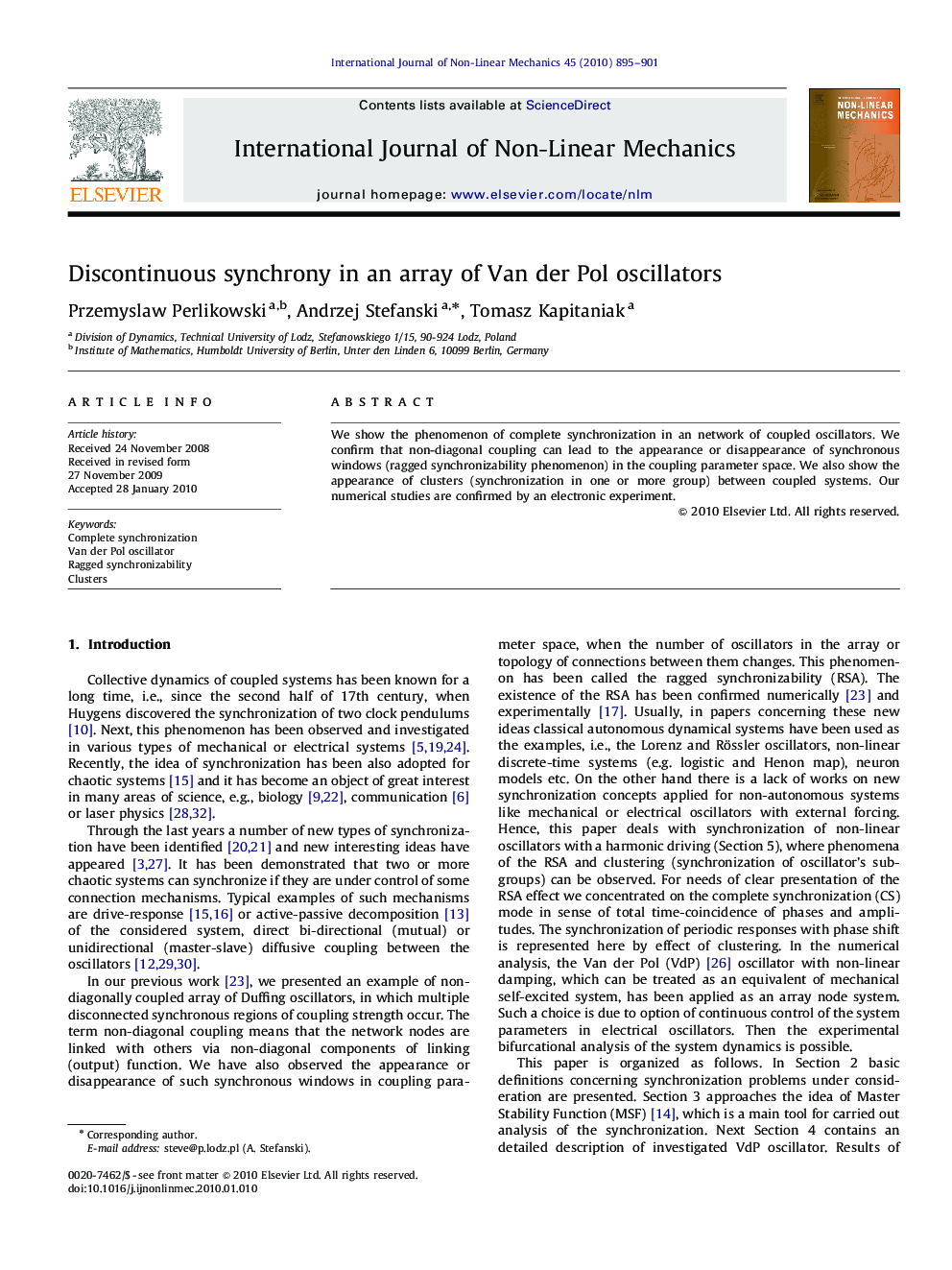 Discontinuous synchrony in an array of Van der Pol oscillators