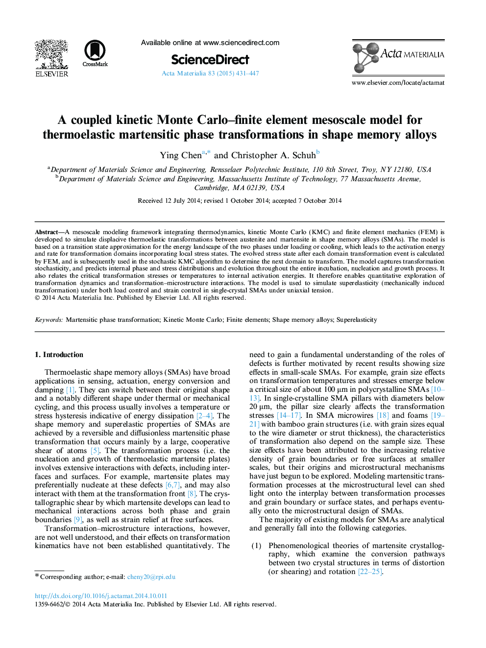 الگوریتم مزانشیمی مینر کارلو محدود برای جنبش های ترموالاستیک مارتنزیتی در آلیاژهای حافظه شکل 