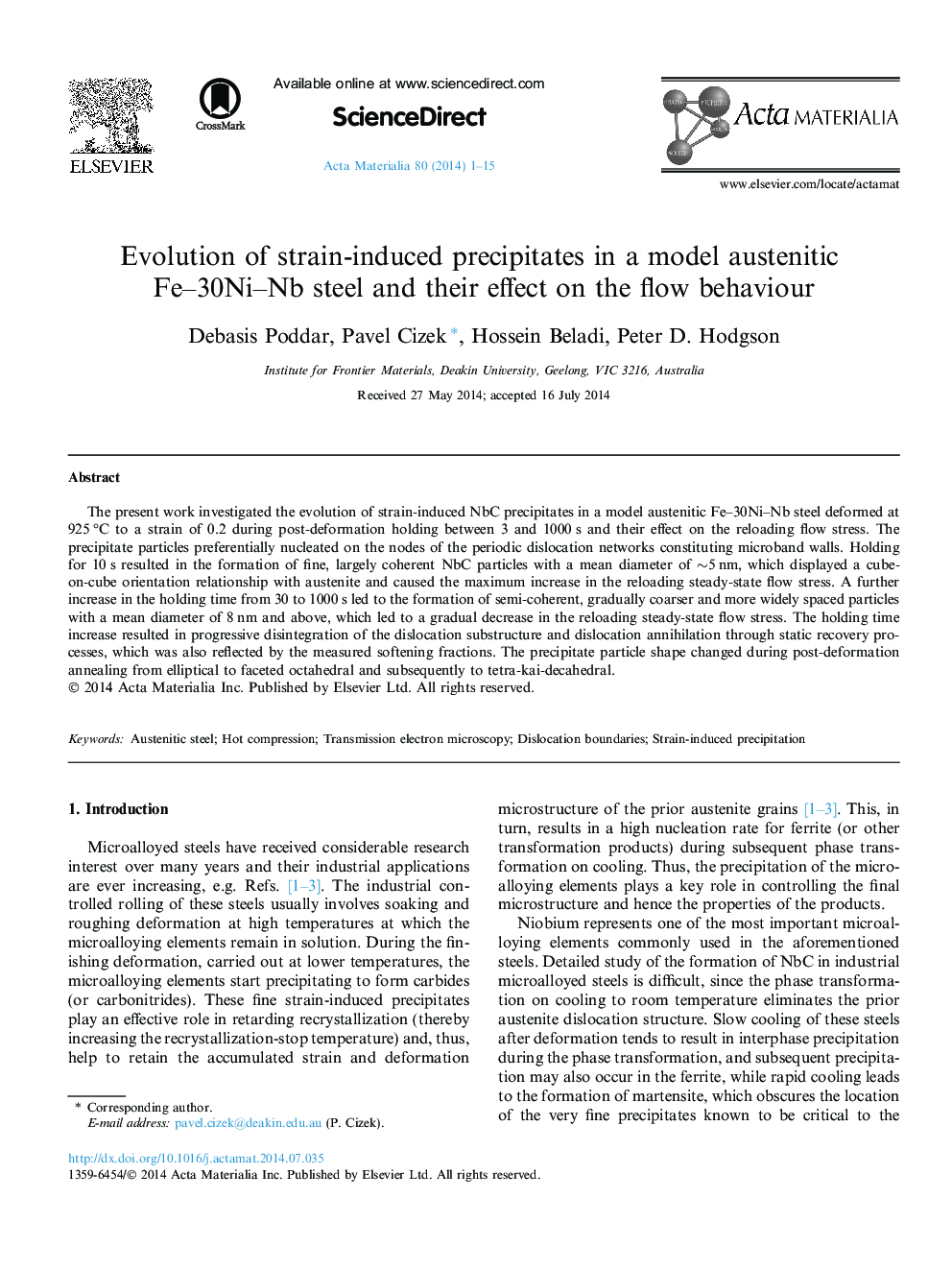 Evolution of strain-induced precipitates in a model austenitic Fe-30Ni-Nb steel and their effect on the flow behaviour