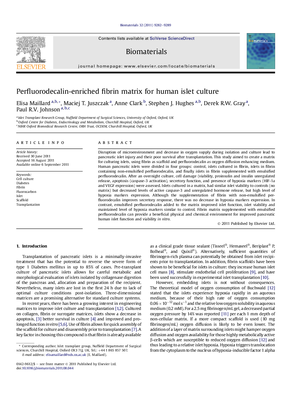 Perfluorodecalin-enriched fibrin matrix for human islet culture