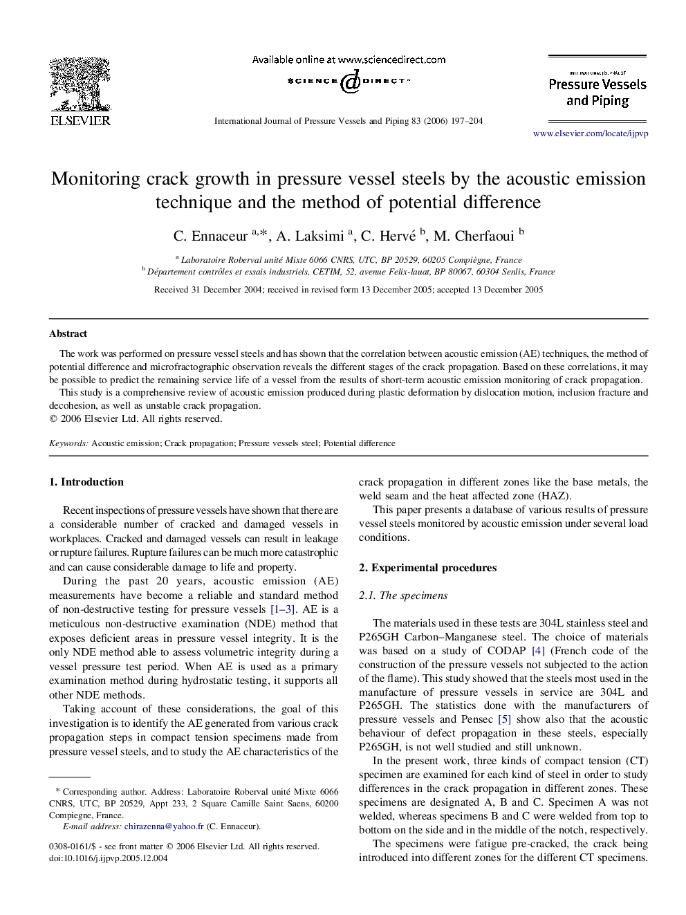 Monitoring crack growth in pressure vessel steels by the acoustic emission technique and the method of potential difference