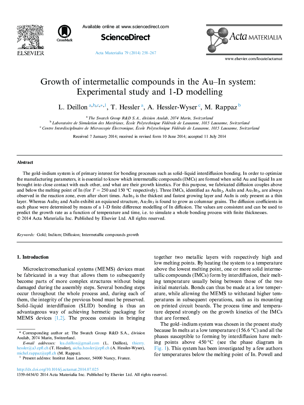 Growth of intermetallic compounds in the Au-In system: Experimental study and 1-D modelling
