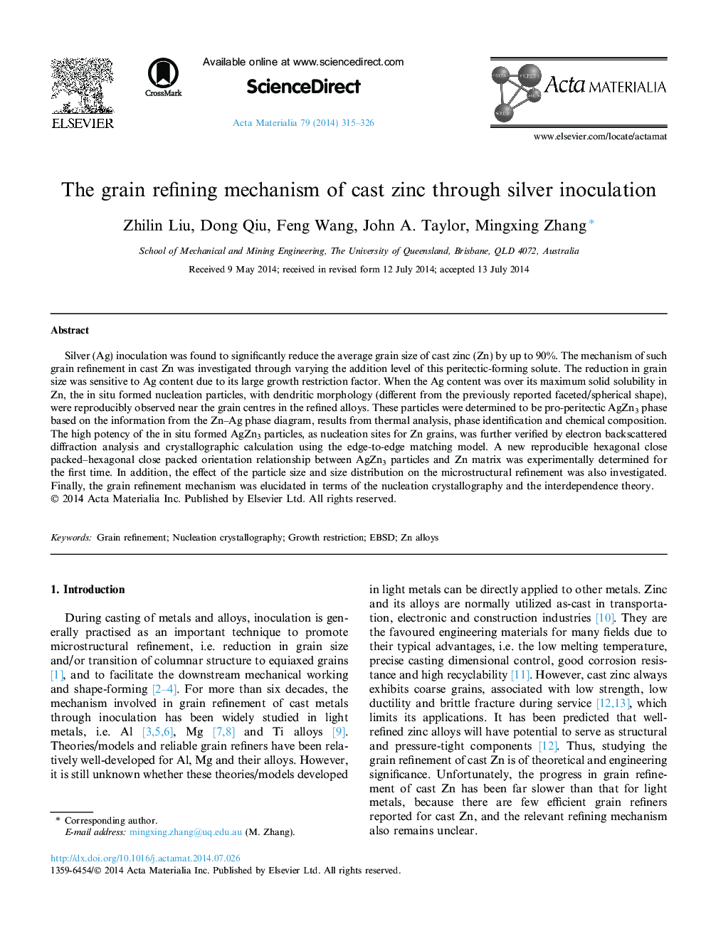 The grain refining mechanism of cast zinc through silver inoculation