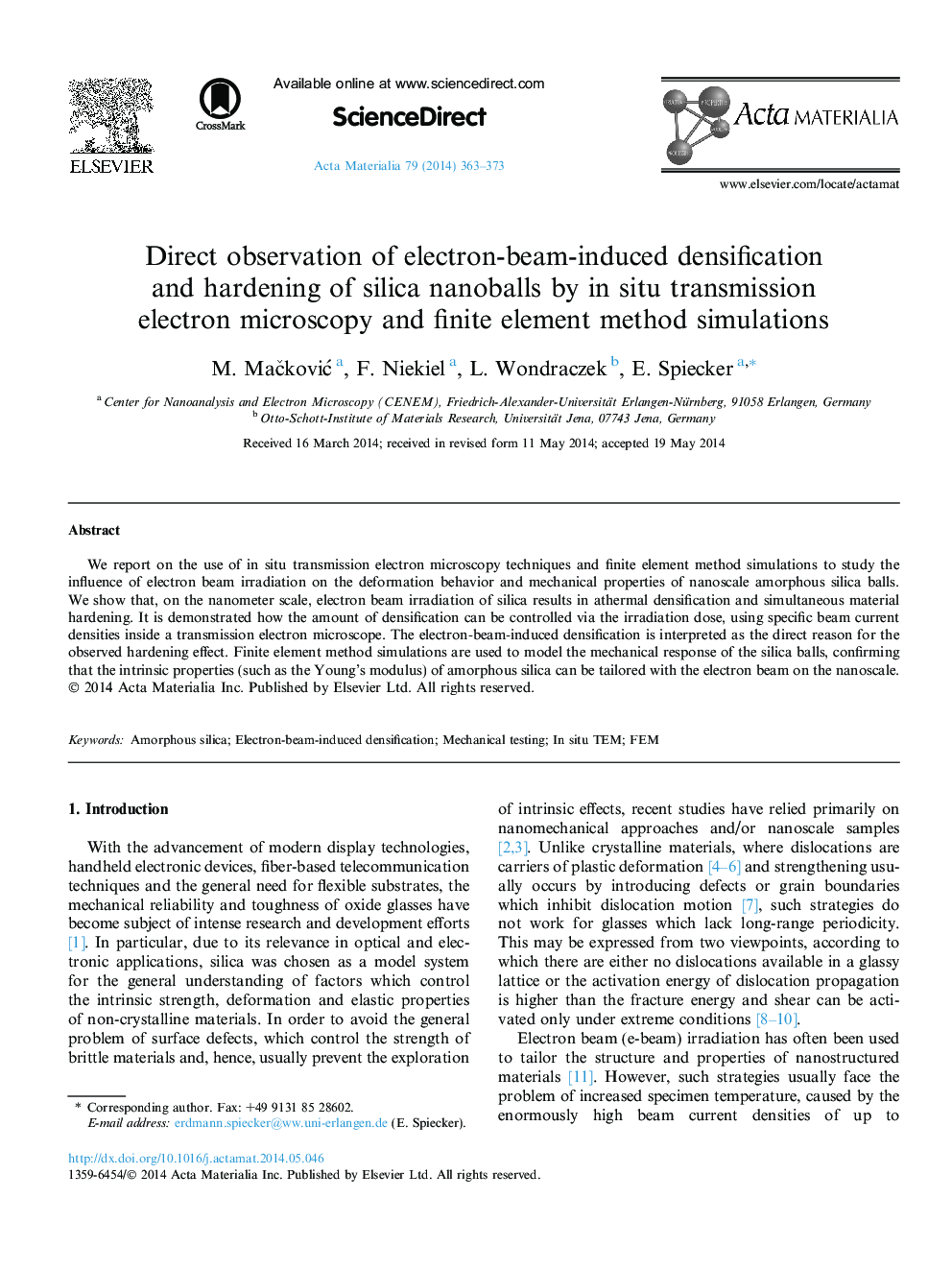 Direct observation of electron-beam-induced densification and hardening of silica nanoballs by in situ transmission electron microscopy and finite element method simulations