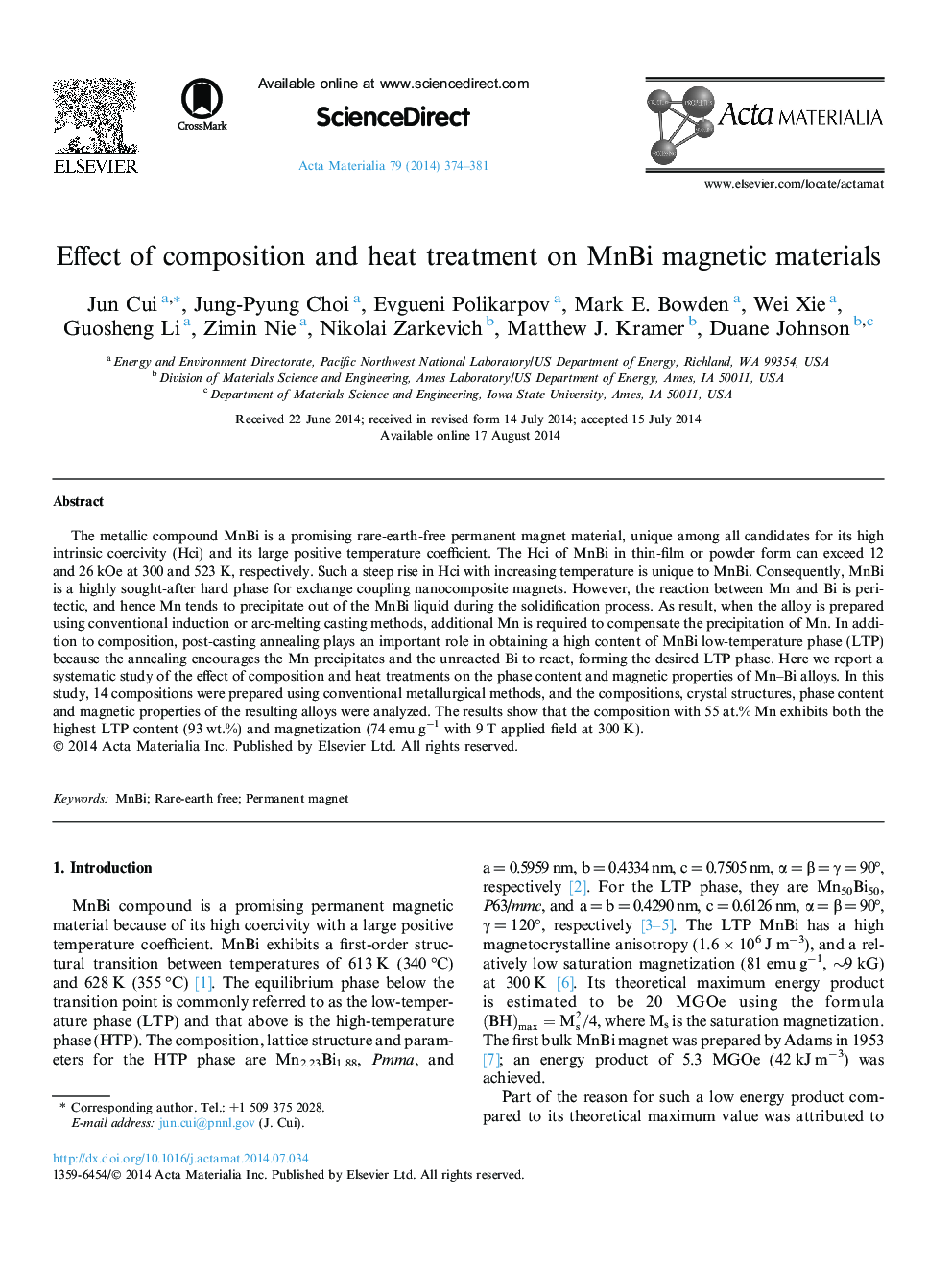 Effect of composition and heat treatment on MnBi magnetic materials