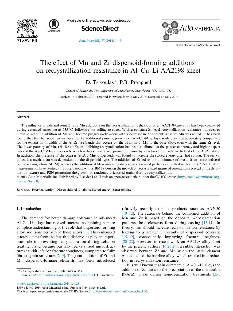 The effect of Mn and Zr dispersoid-forming additions on recrystallization resistance in Al-Cu-Li AA2198 sheet