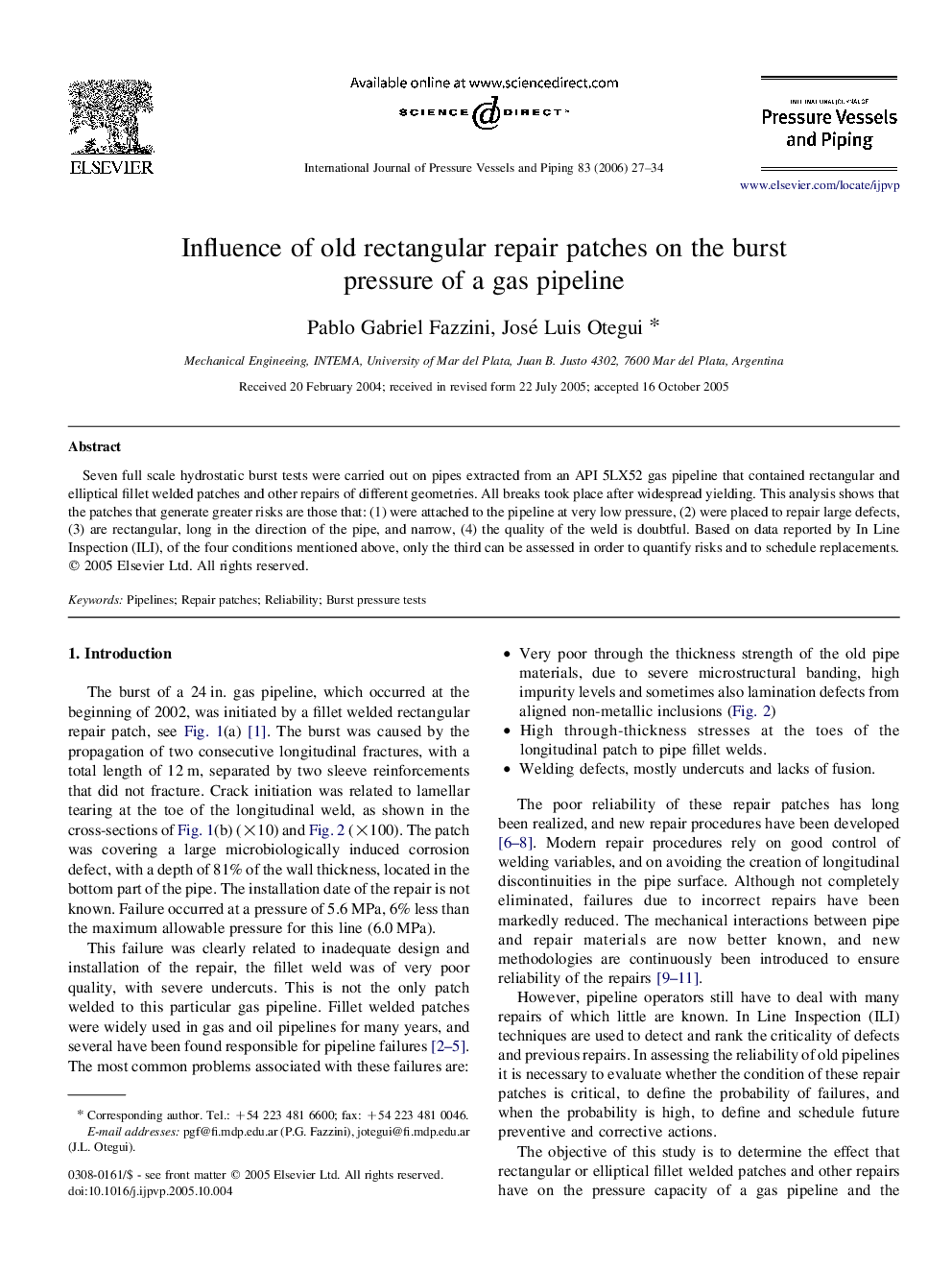 Influence of old rectangular repair patches on the burst pressure of a gas pipeline