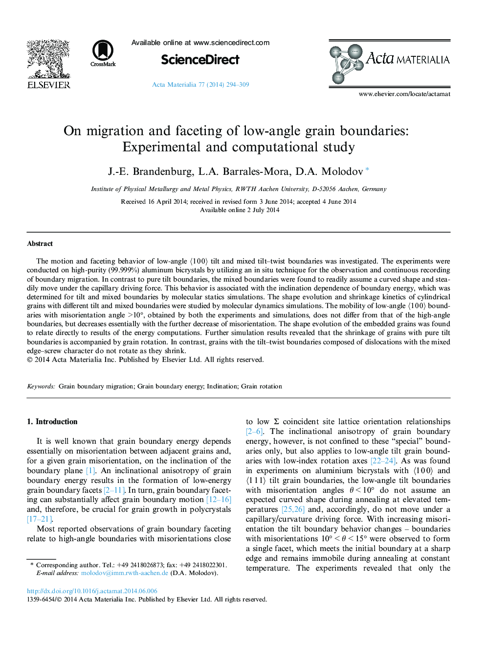 On migration and faceting of low-angle grain boundaries: Experimental and computational study