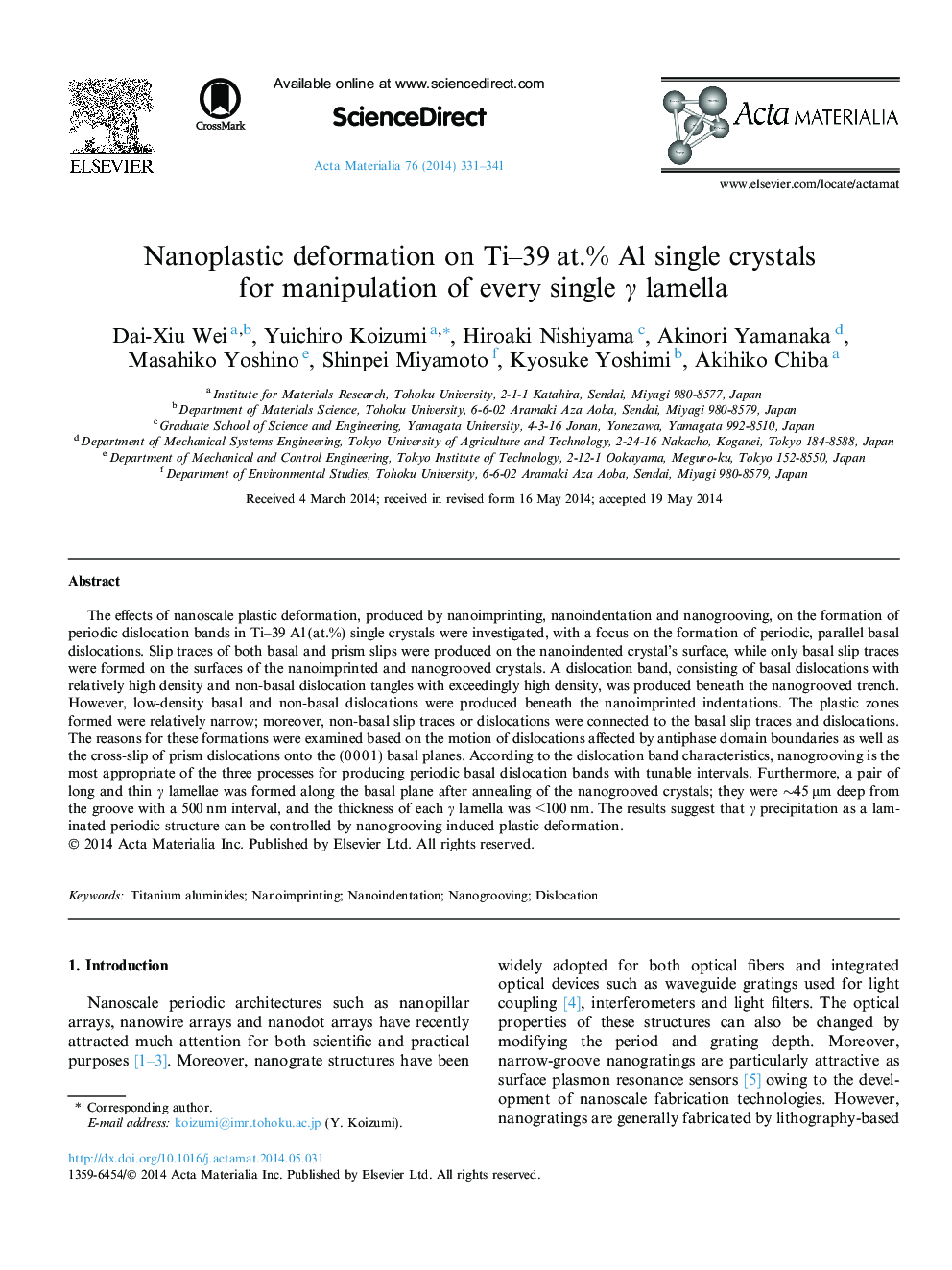 Nanoplastic deformation on Ti-39Â at.% Al single crystals for manipulation of every single Î³ lamella