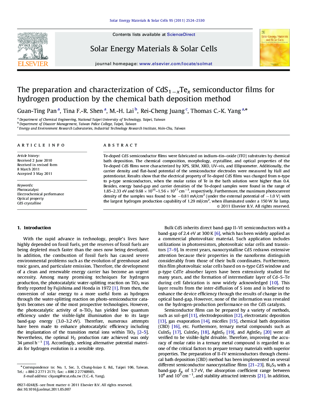 The preparation and characterization of CdS1−xTex semiconductor films for hydrogen production by the chemical bath deposition method