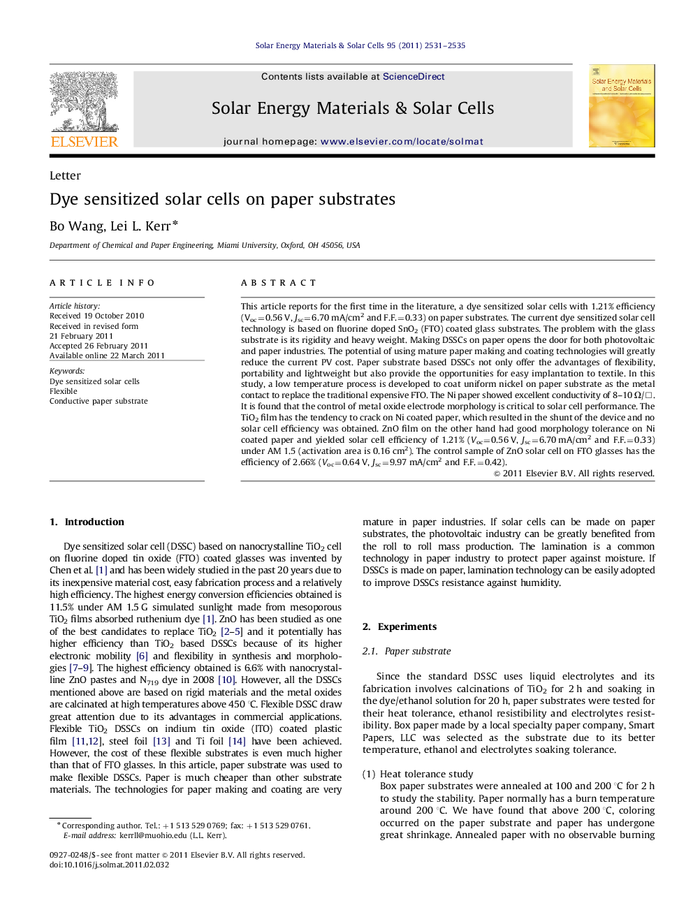 Dye sensitized solar cells on paper substrates