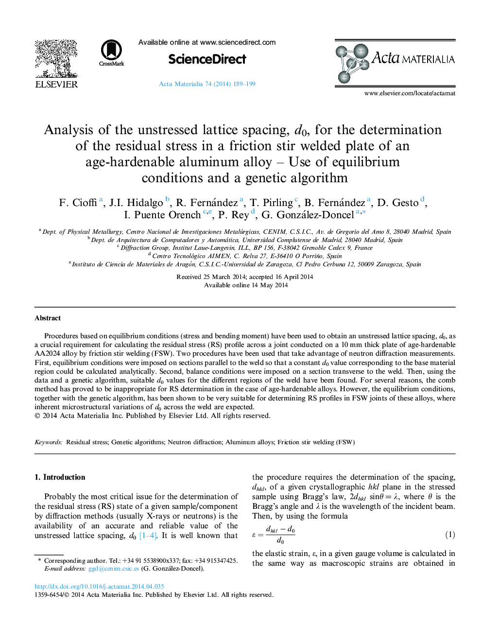 Analysis of the unstressed lattice spacing, d0, for the determination of the residual stress in a friction stir welded plate of an age-hardenable aluminum alloy - Use of equilibrium conditions and a genetic algorithm