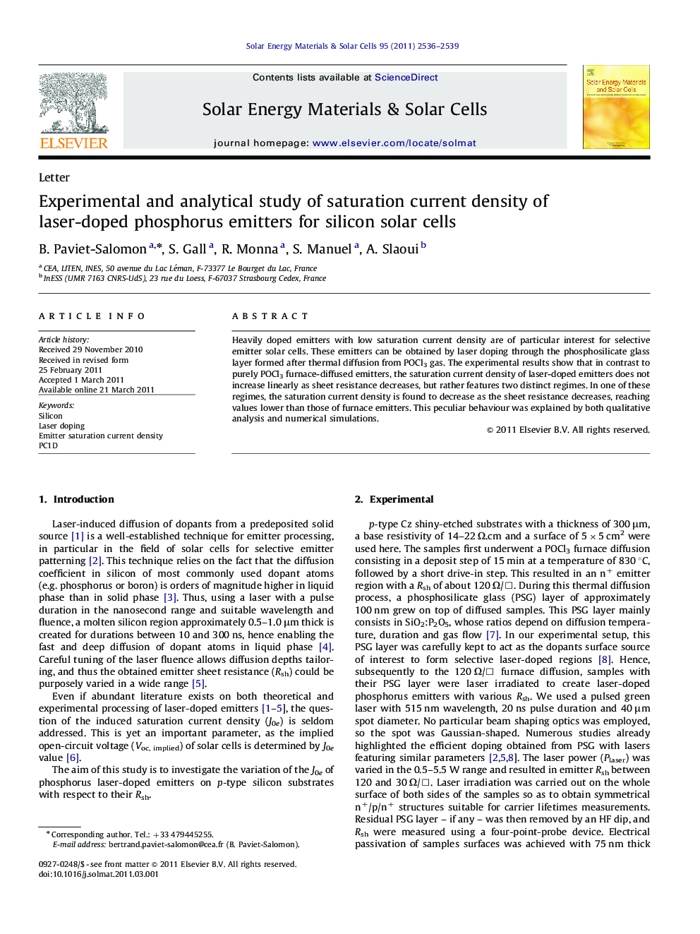 Experimental and analytical study of saturation current density of laser-doped phosphorus emitters for silicon solar cells