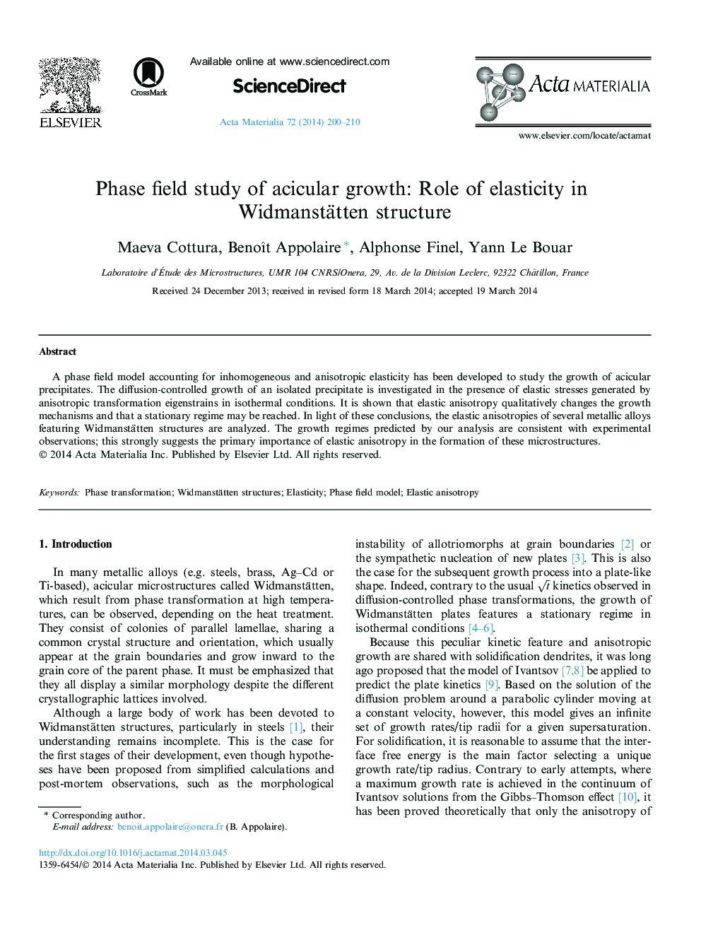 Phase field study of acicular growth: Role of elasticity in Widmanstätten structure