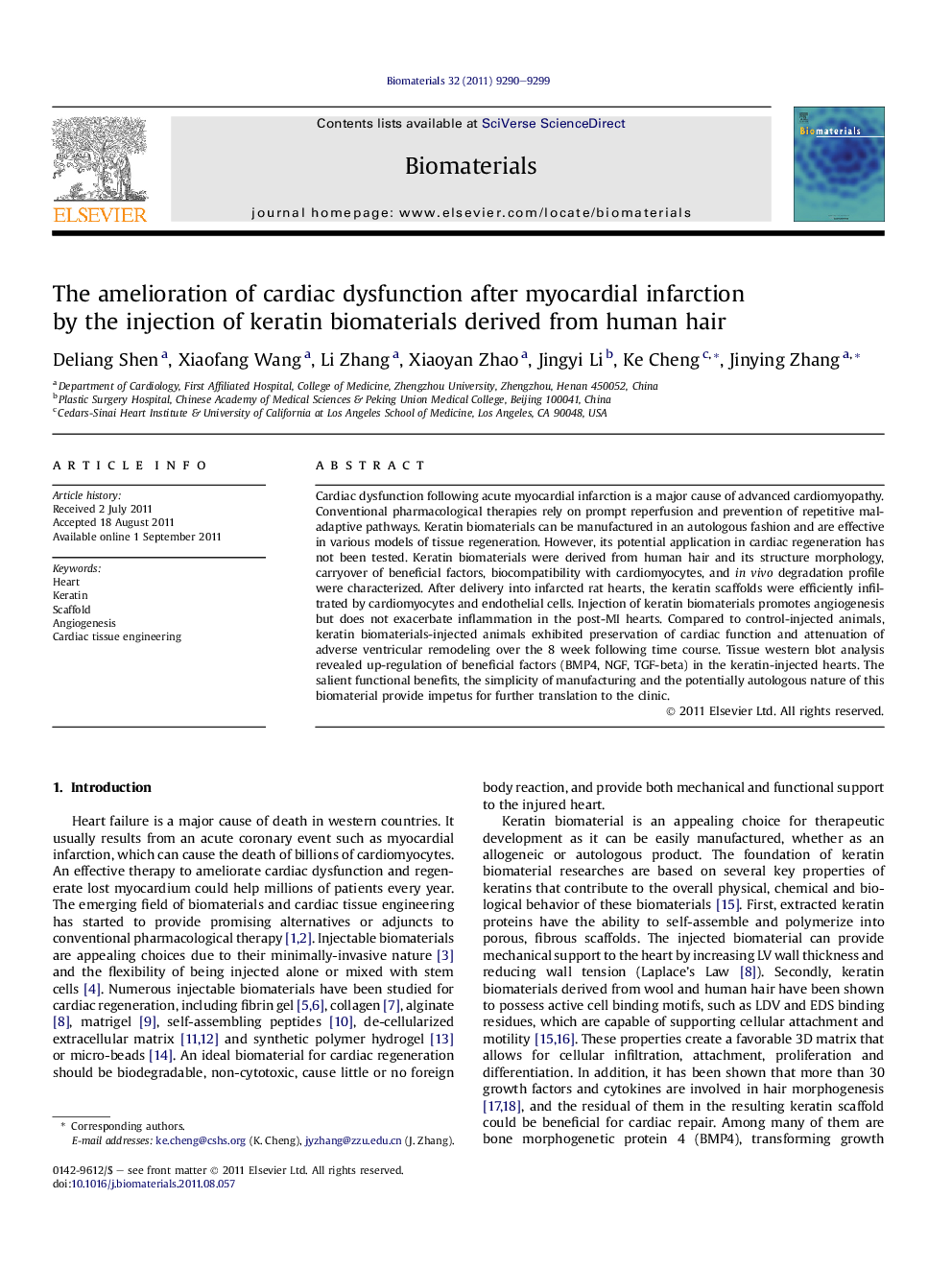 The amelioration of cardiac dysfunction after myocardial infarction by the injection of keratin biomaterials derived from human hair