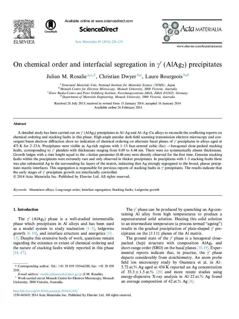 On chemical order and interfacial segregation in Î³â² (AlAg2) precipitates