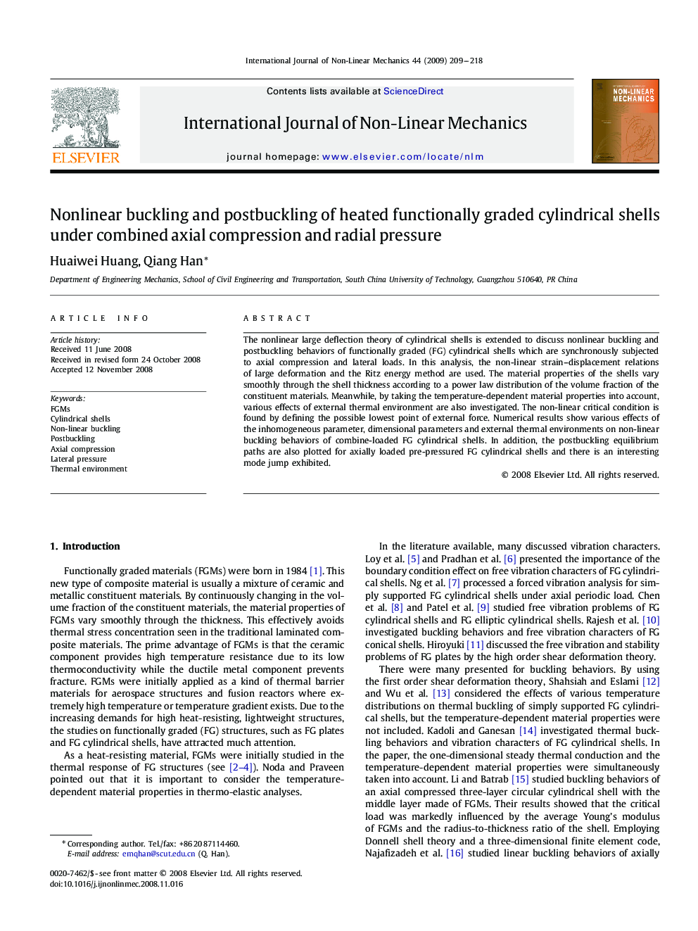 Nonlinear buckling and postbuckling of heated functionally graded cylindrical shells under combined axial compression and radial pressure