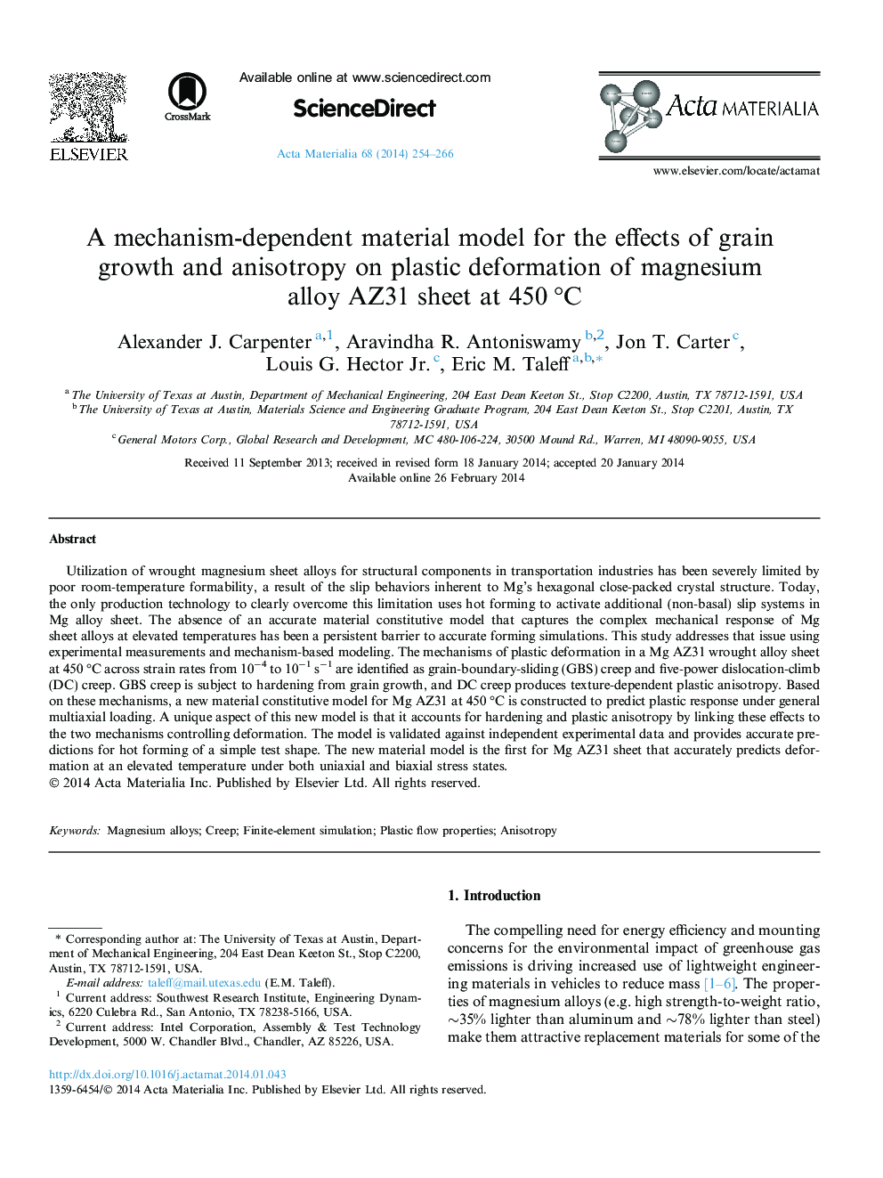 A mechanism-dependent material model for the effects of grain growth and anisotropy on plastic deformation of magnesium alloy AZ31 sheet at 450Â Â°C