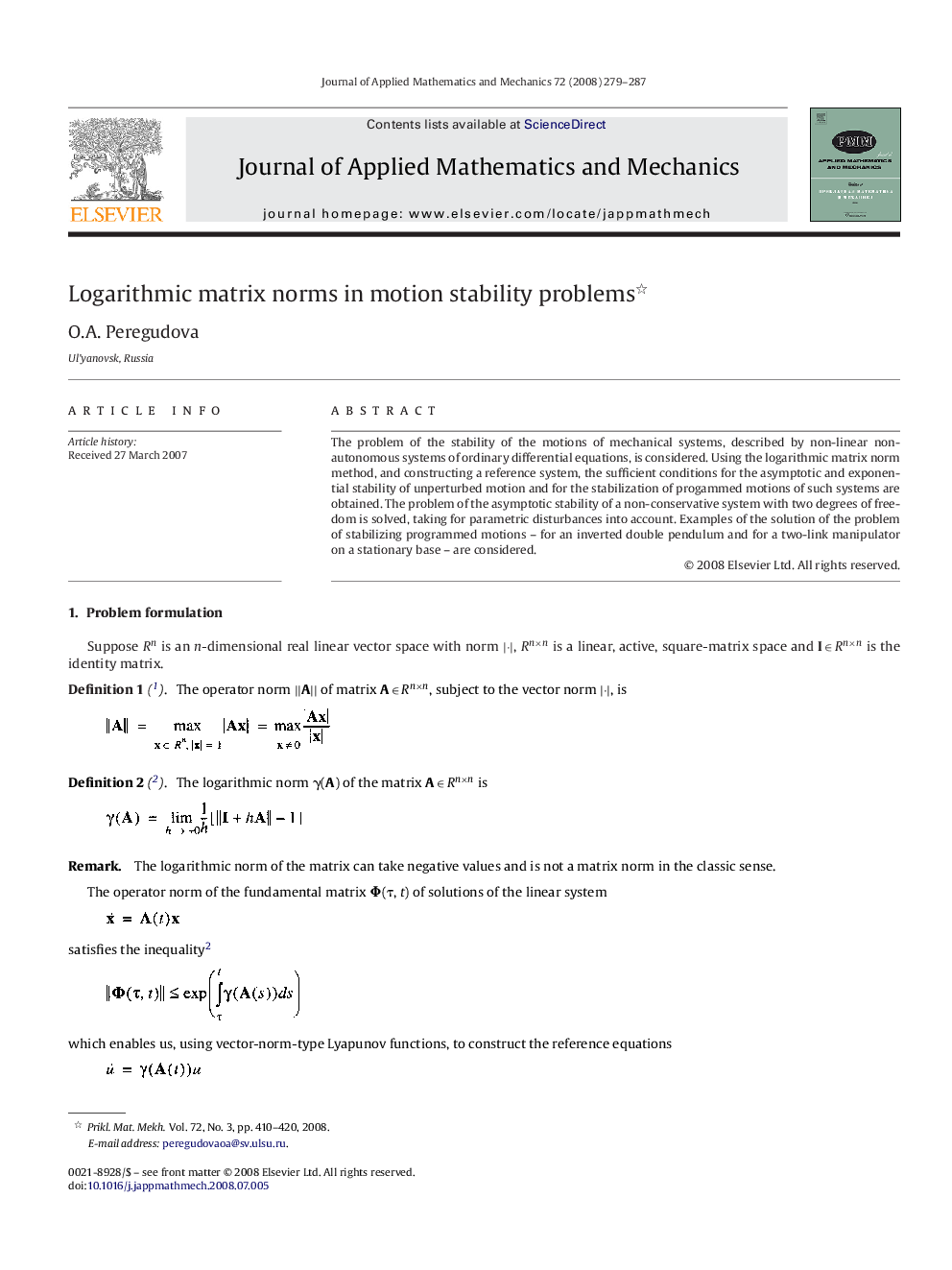 Logarithmic matrix norms in motion stability problems 
