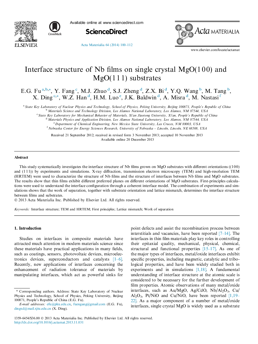 Interface structure of Nb films on single crystal MgO(1Â 0Â 0) and MgO(1Â 1Â 1) substrates