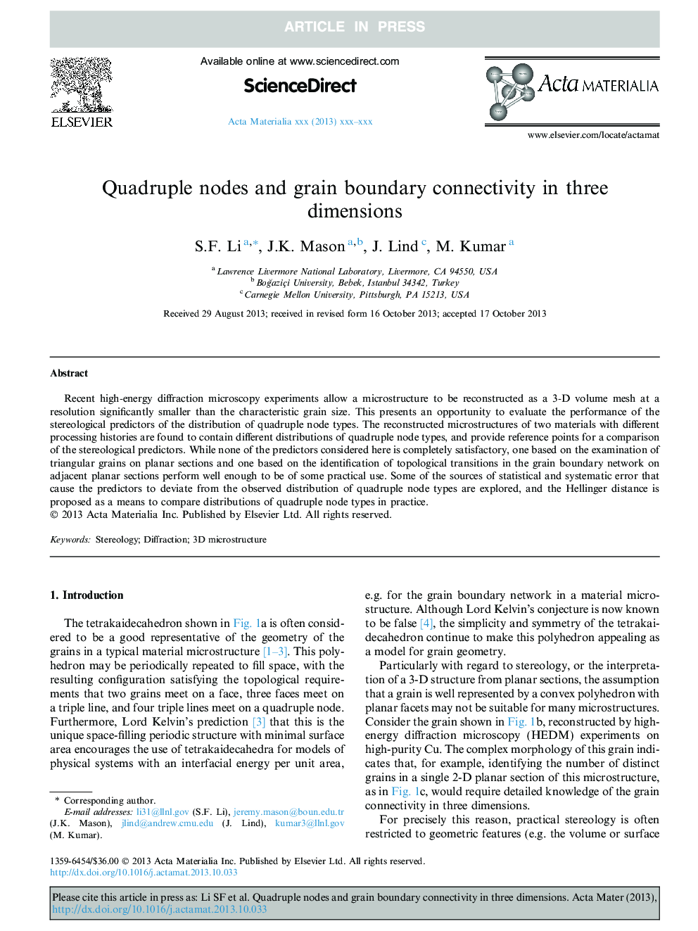 Quadruple nodes and grain boundary connectivity in three dimensions