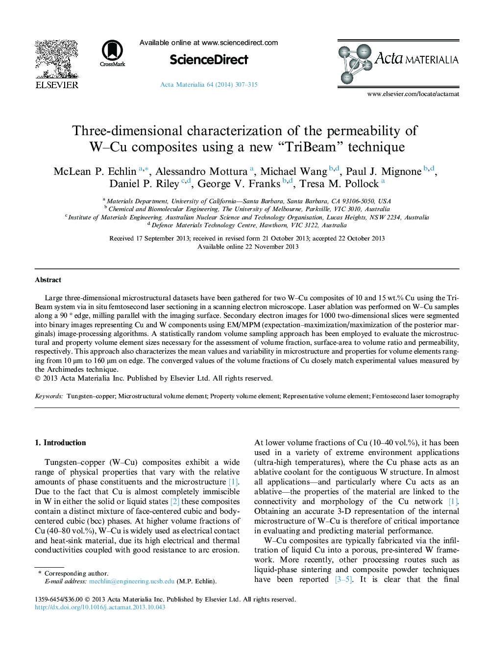 Three-dimensional characterization of the permeability of W-Cu composites using a new “TriBeam” technique