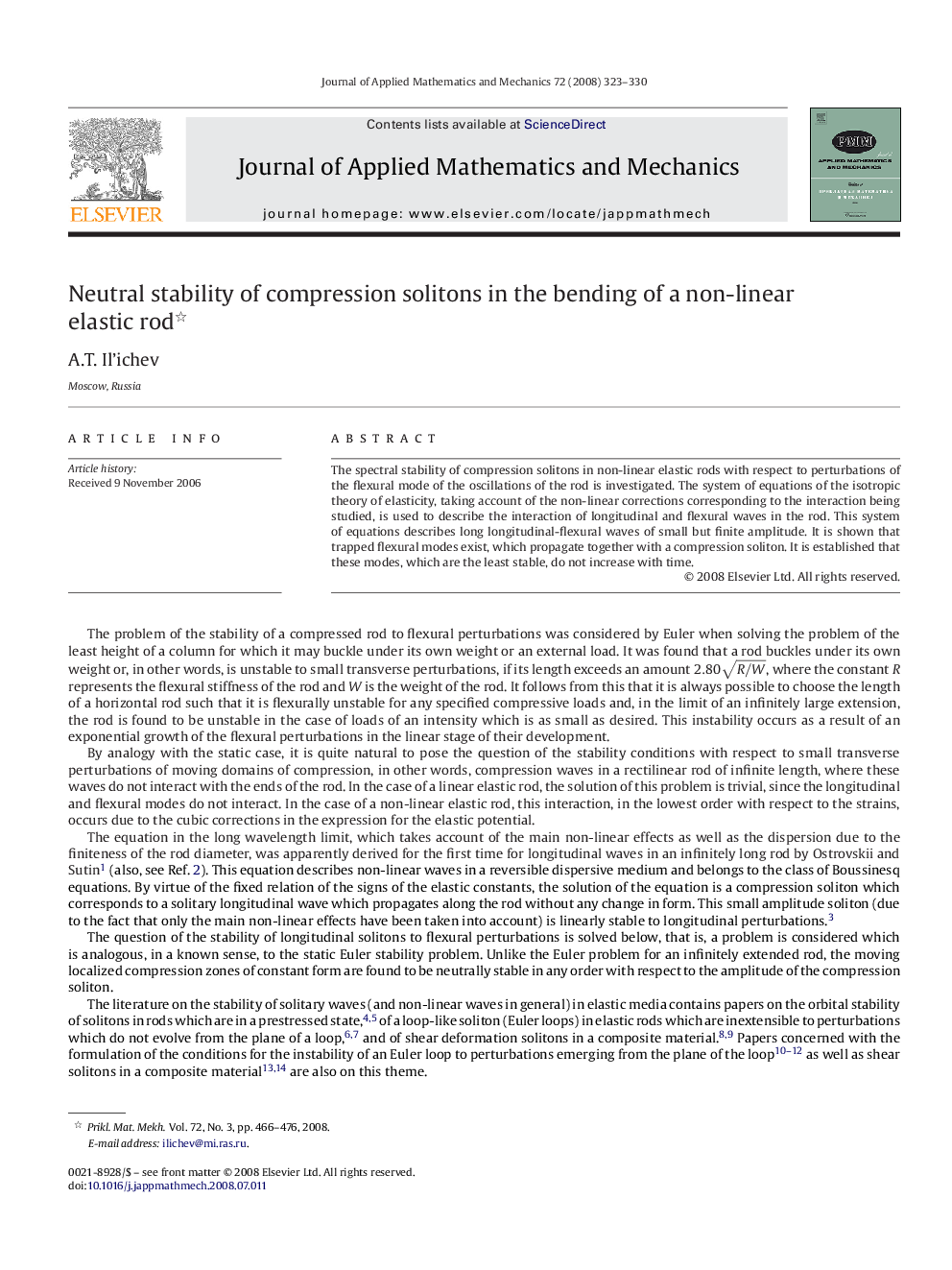 Neutral stability of compression solitons in the bending of a non-linear elastic rod 