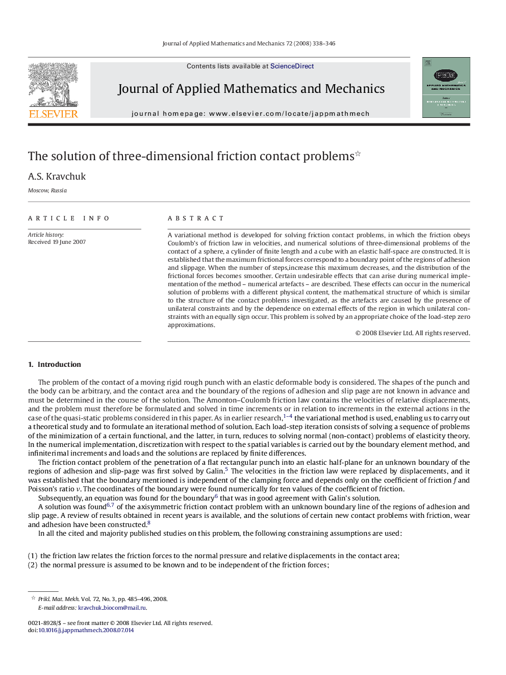 The solution of three-dimensional friction contact problems 