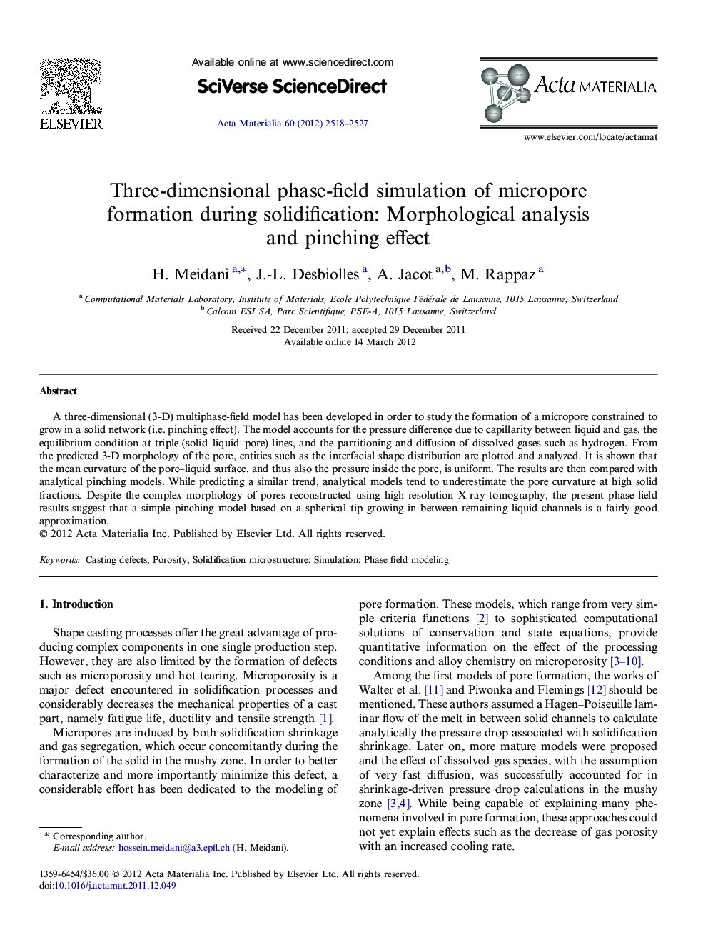 Three-dimensional phase-field simulation of micropore formation during solidification: Morphological analysis and pinching effect