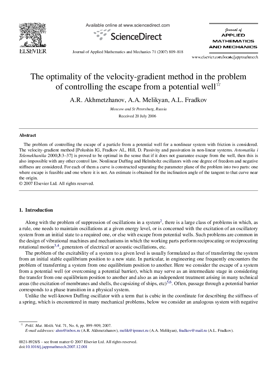 عکس صفحه اول مقاله: The optimality of the velocity-gradient method in the problem of controlling the escape from a potential well The optimality of the velocity-gradient method in the problem of controlling the escape from a potential well