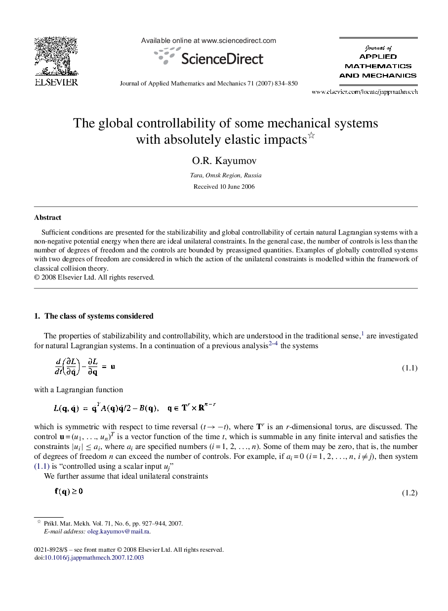 عکس صفحه اول مقاله: The global controllability of some mechanical systems with absolutely elastic impacts The global controllability of some mechanical systems with absolutely elastic impacts
