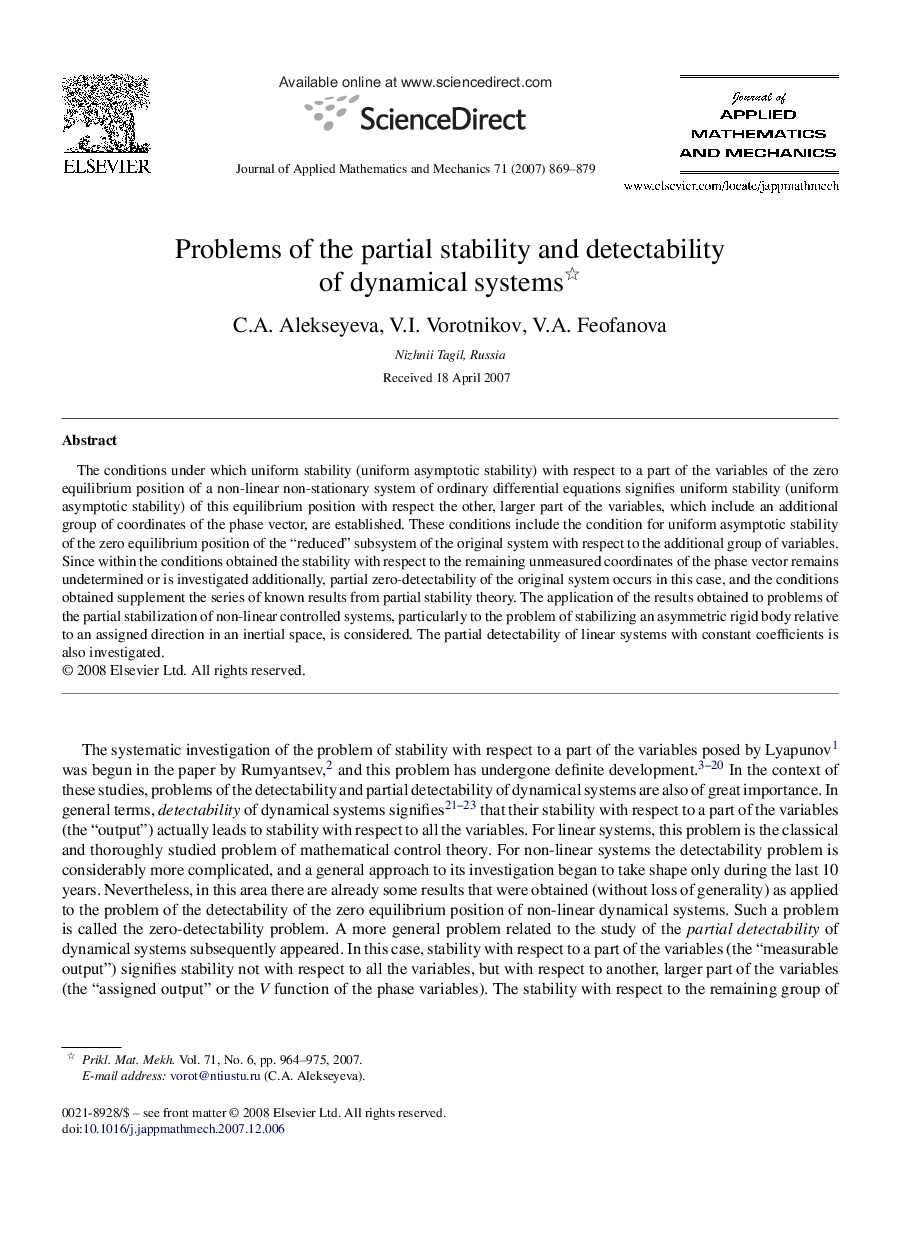 عکس صفحه اول مقاله: Problems of the partial stability and detectability of dynamical systems Problems of the partial stability and detectability of dynamical systems