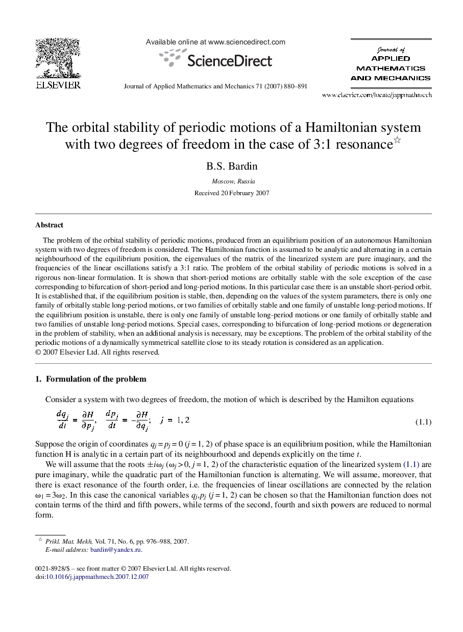 عکس صفحه اول مقاله: The orbital stability of periodic motions of a Hamiltonian system with two degrees of freedom in the case of 3:1 resonance The orbital stability of periodic motions of a Hamiltonian system with two degrees of freedom in the case of 3:1 resonance