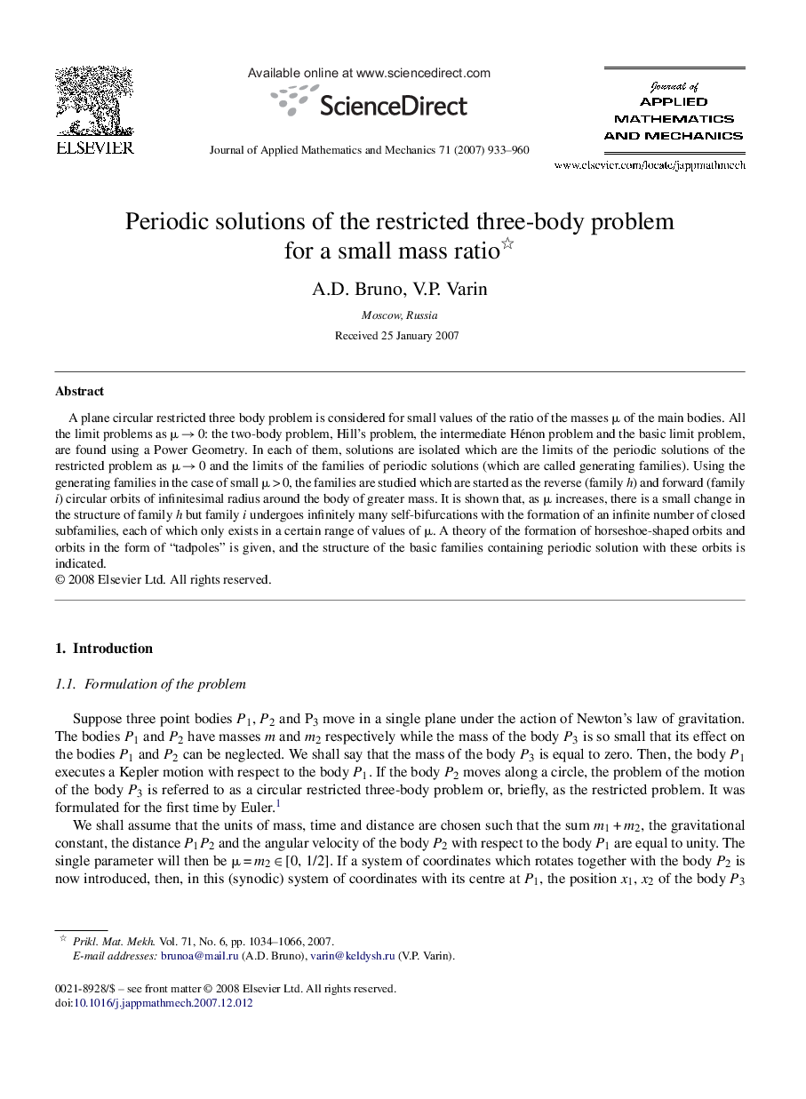 عکس صفحه اول مقاله: Periodic solutions of the restricted three-body problem for a small mass ratio Periodic solutions of the restricted three-body problem for a small mass ratio