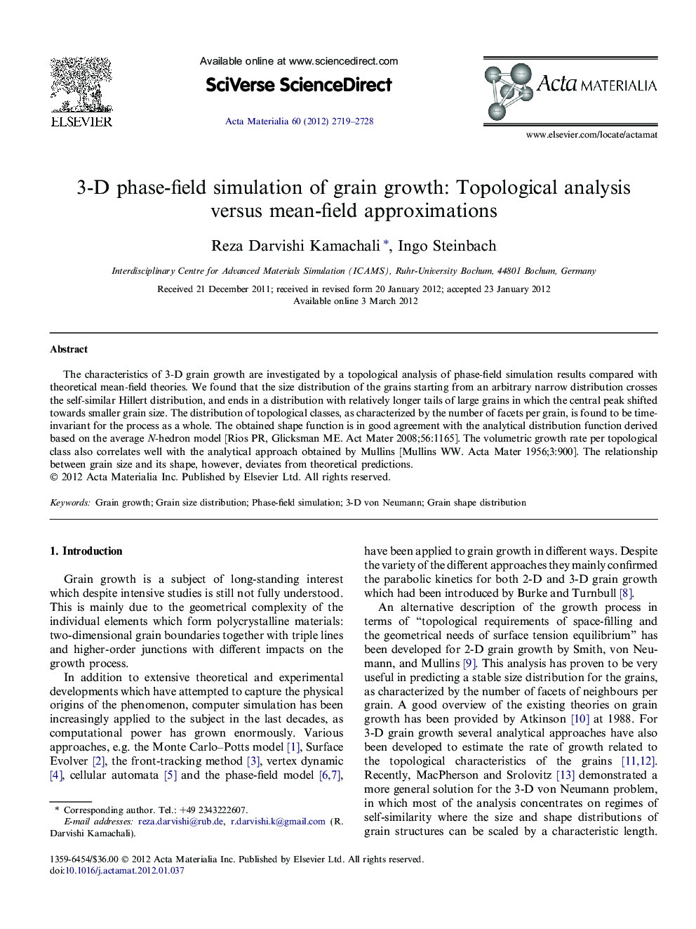 3-D phase-field simulation of grain growth: Topological analysis versus mean-field approximations