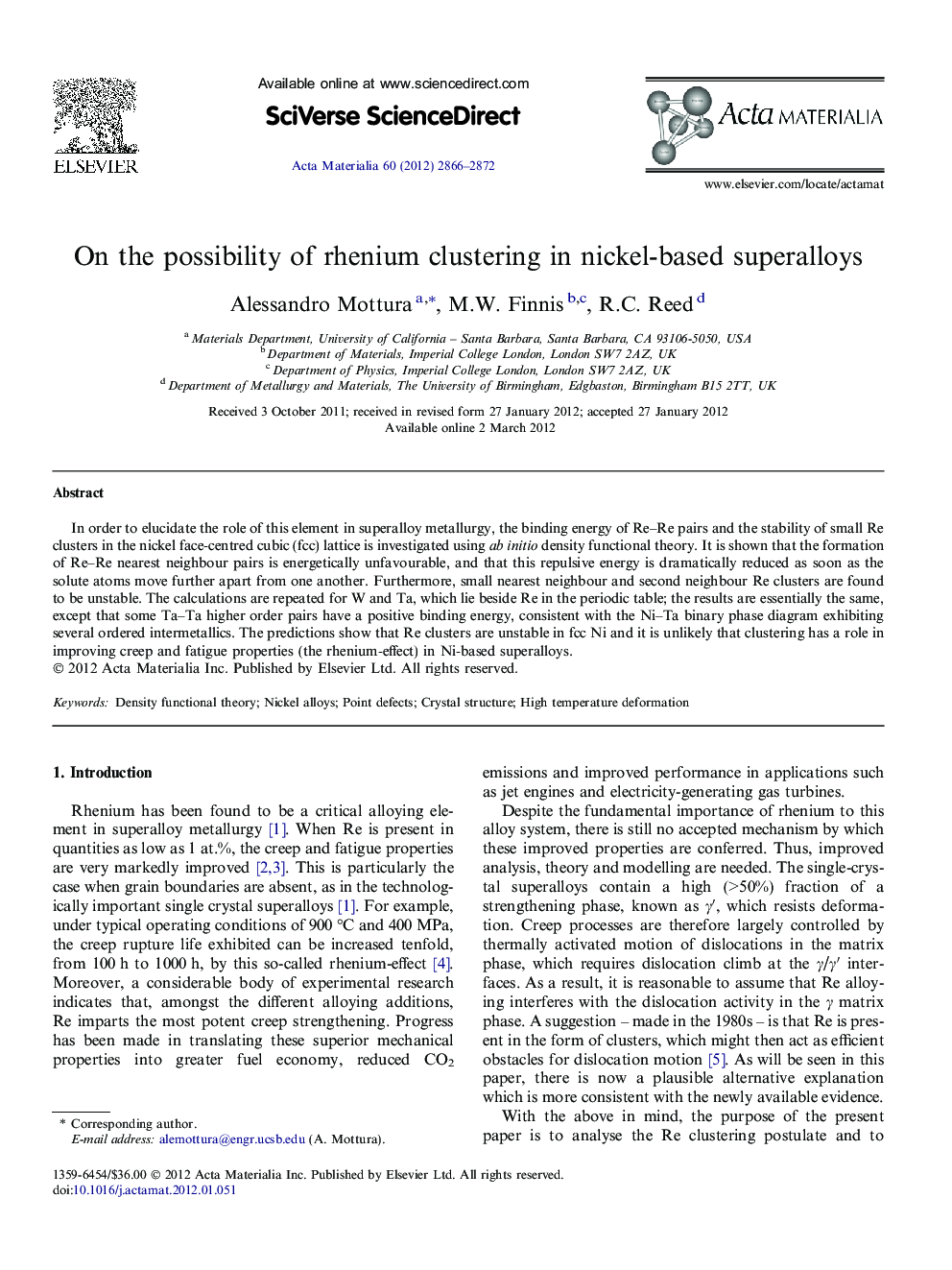 On the possibility of rhenium clustering in nickel-based superalloys