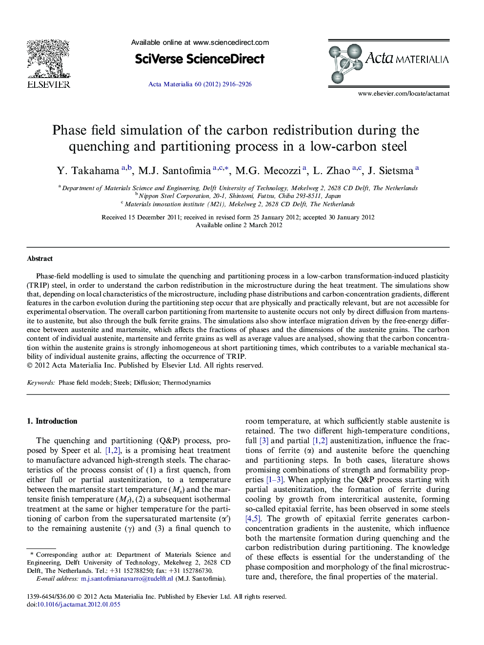 Phase field simulation of the carbon redistribution during the quenching and partitioning process in a low-carbon steel