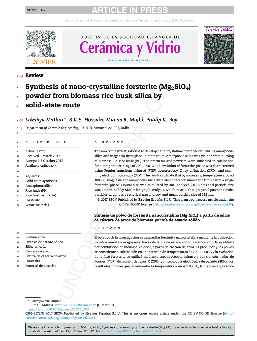 Synthesis of nano-crystalline forsterite (Mg2SiO4) powder from biomass rice husk silica by solid-state route