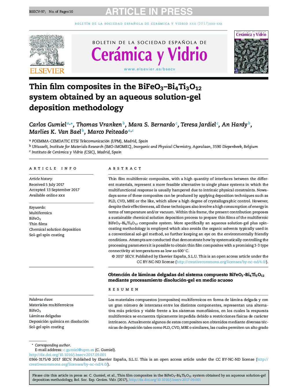 Thin film composites in the BiFeO3-Bi4Ti3O12 system obtained by an aqueous solution-gel deposition methodology