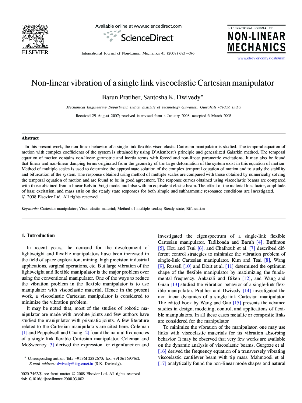 Non-linear vibration of a single link viscoelastic Cartesian manipulator