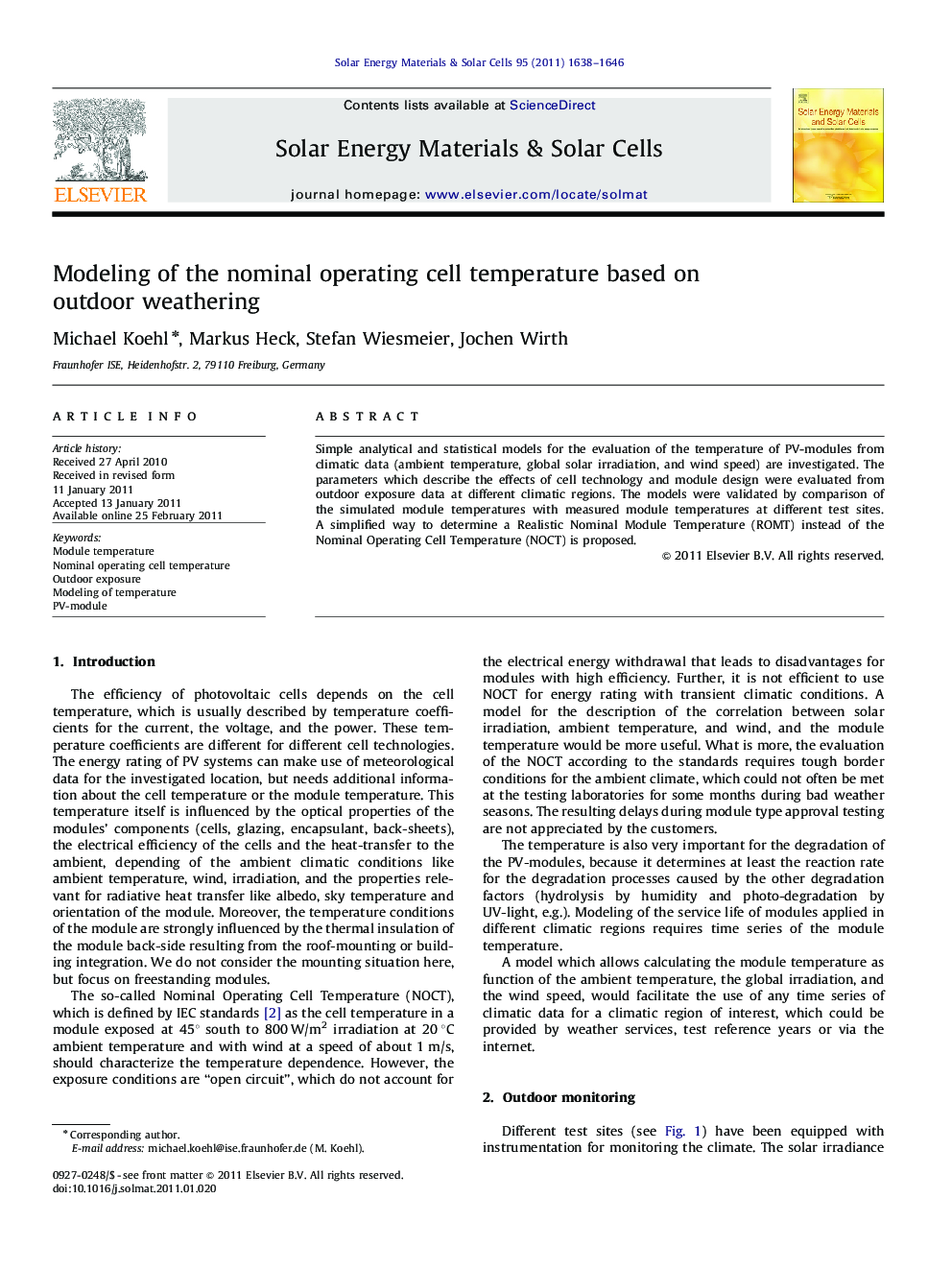 Modeling of the nominal operating cell temperature based on outdoor weathering