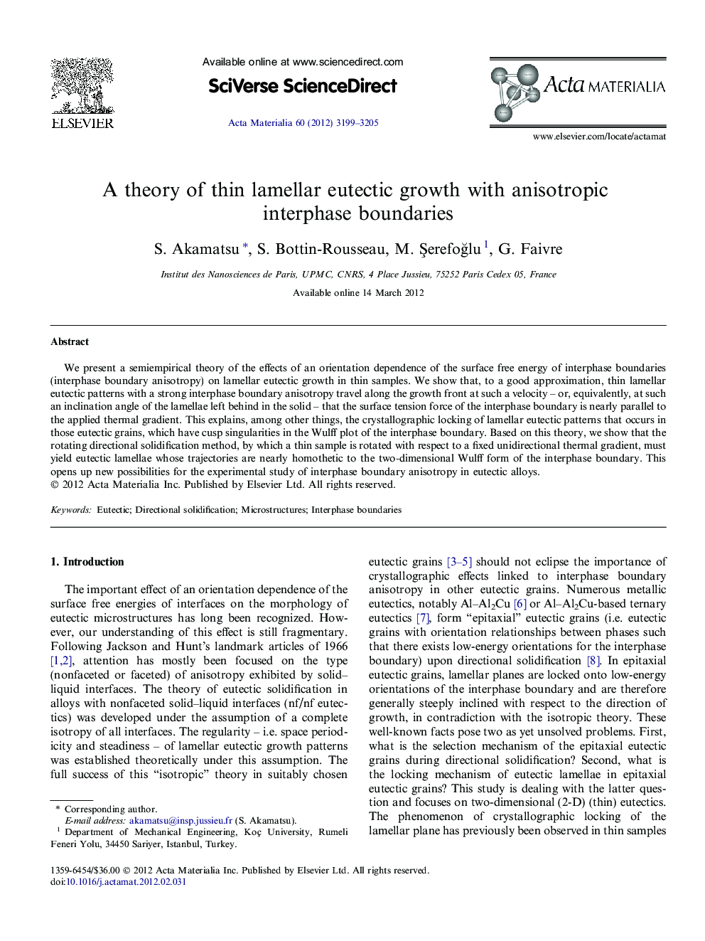 A theory of thin lamellar eutectic growth with anisotropic interphase boundaries