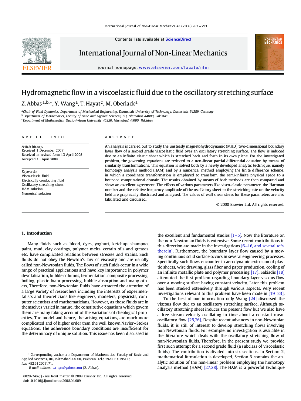 عکس صفحه اول مقاله: Hydromagnetic flow in a viscoelastic fluid due to the oscillatory stretching surface Hydromagnetic flow in a viscoelastic fluid due to the oscillatory stretching surface