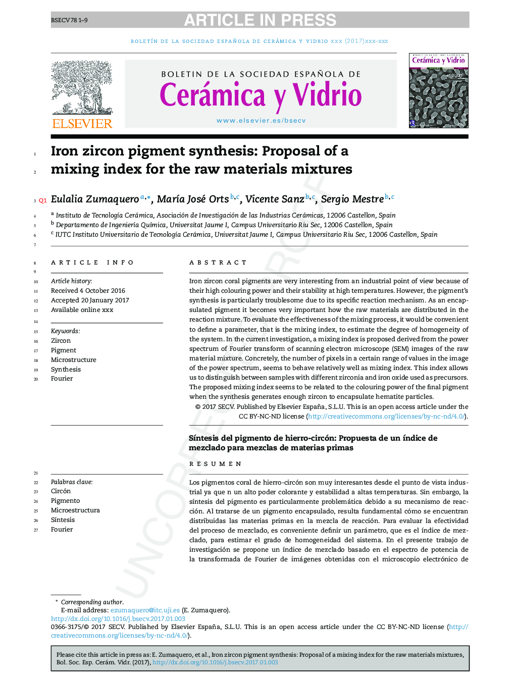 Iron zircon pigment synthesis: Proposal of a mixing index for the raw materials mixtures