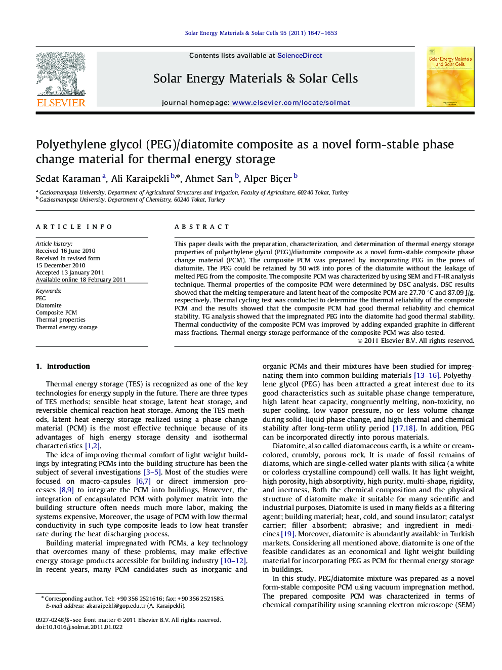 Polyethylene glycol (PEG)/diatomite composite as a novel form-stable phase change material for thermal energy storage